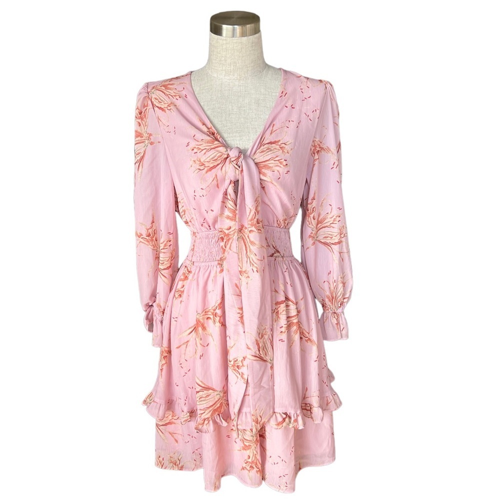 🩷 Valentines EXLURA Coquette Cottage Fairy Floral Pink Front Tie Flowy Dress